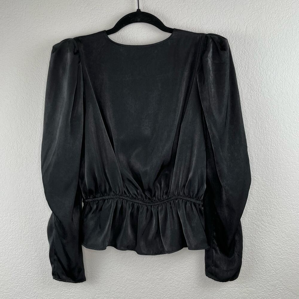 DKNY Black Satin Peplum Blouse V-Neck Long Puff Sleeve Evening Party XS NWT - Picture 13 of 13